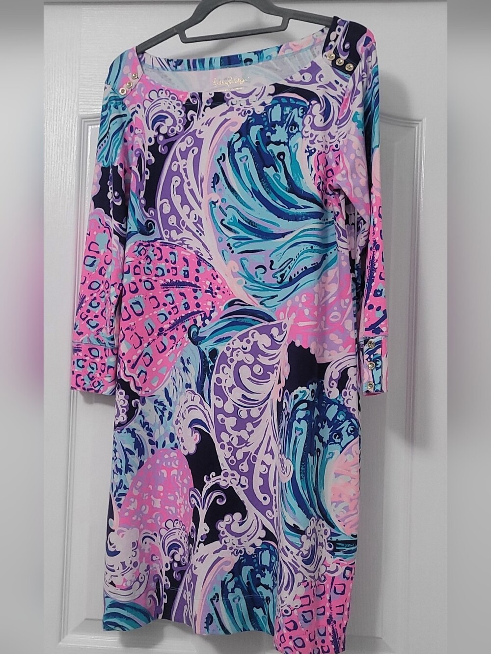 Lilly Pulitzer Sophie Shift Dress 3/4 Sleeve Pink Blue Seashell Print Size Large
